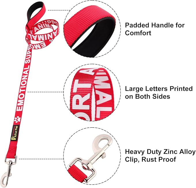 Plutus Pet Emotional Support Animal Leash with Soft Neoprene Padded Handle,Printed in Large Letters on Both Sides,4ft Long,Red,1" Wide for Large Dogs