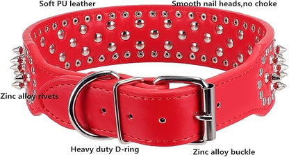 Hoot PU Leather Adjustable Spiked Studded Dog Collar 2" Wide 43 Spikes (L(Neck 21"-24"), Red)