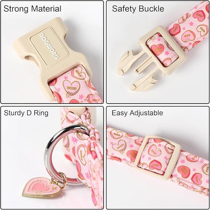 DOGWONG Pink Heart Dog Collar, Small, Valentine's Day Special, Fabric, Soft & Comfortable, Adjustable (4" W x 10" L), Perfect for Small Dogs