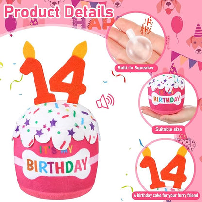 Dog Birthday Cake Toy Accessories for Girl Boy Gifts, Squeaky Plush Toy for Dog Birthday Party Decor Favor for Large, Medium and Small Dogs(14th,Pink)