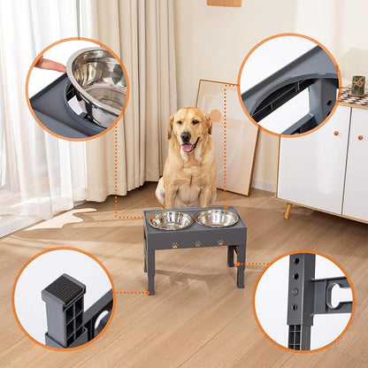 LAKIPETN Elevated Dog Bowls with 2 Stainless Steel Bowls, Raised Dog Food Bowl Stand 5 Height Adjustable (3.1", 9", 10", 11", 12") Non-Slip Feeder Set for Medium and Large Dogs - Gray