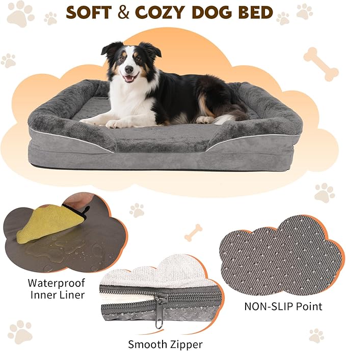 Orthopedic Dog Bed for Medium and Large Dogs Pet Bed with Sides Waterproof Dog Couch with Washable Removable Cover and Egg Crate Foam Pet Sleeping Mat with Anti-Slip Bottom