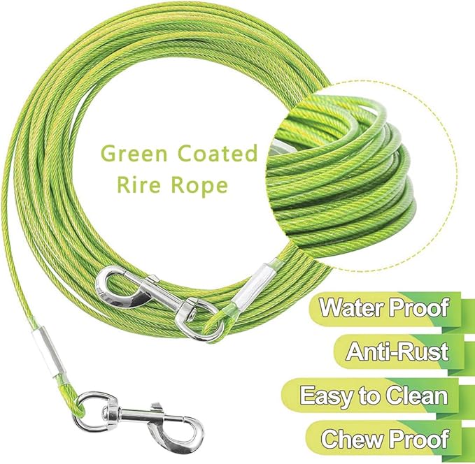 Tie Out Cable for Dogs,10/20/30/50/100FT Dog Leads for Yard Chew Proof,Heavy Duty Tie Out Cable for Large Dogs Up to 125lbs,Dog Runner Tether (Green, 125Ibs 10ft)
