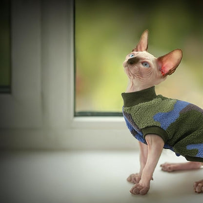 PUMYPOREITY Winter Warm Cat Sweater - Super Soft & Elastic Knit with Plush Fleece, Easy-On Design with Ribbed Neck & Cuffs, Stretchy Cat Outfit for Indoor/Outdoor Use,Green, S