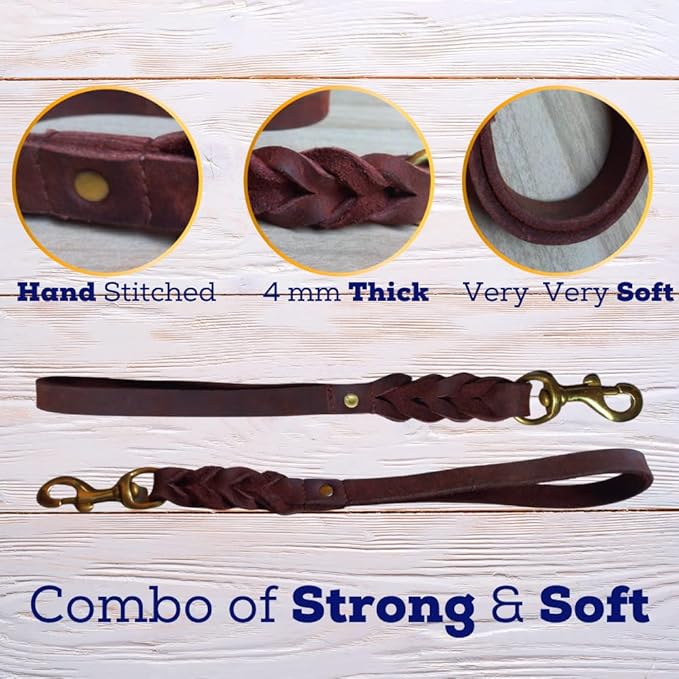 Leather Short Dog Leash 15 Inch - Short Dog Traffic Lead for Large Dogs Training and Walking - Braided Leather Tab for Large Dogs - Full Grain Heavy Duty. (Brown, 1 FT)