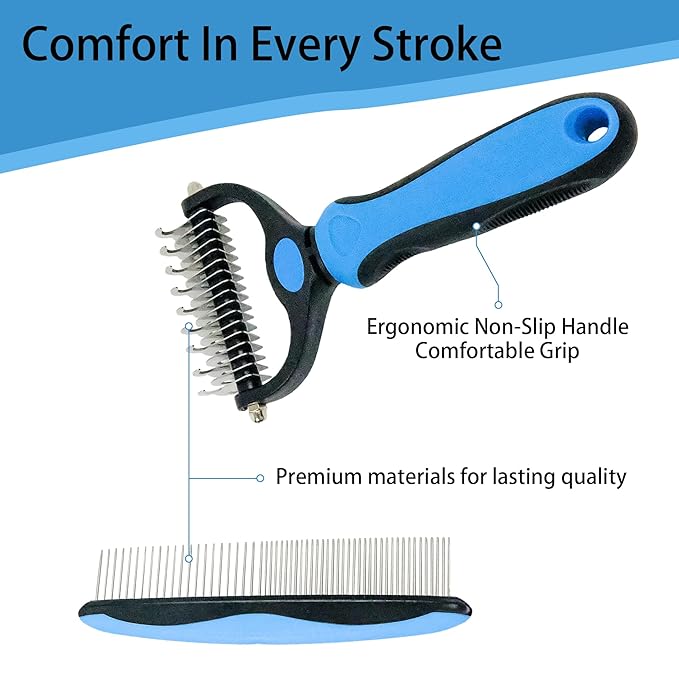 Pet Grooming Rake - Blue Deshedding Comb with Grooming Comb for Dogs and Cats,Double-Sided Dematting Tool,Extra-Wide Deshedding Dog Brush for Long Hair to Effectively Remove Tangles,Knots and Mats