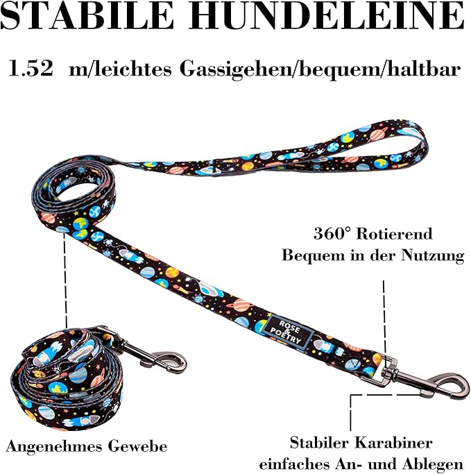 Roses&Poetry Dog Collar and Leash for Medium Large,Adjustable Durable Blue 5ft Puppy Leash Collar for Dog Training Lead（Star-L）