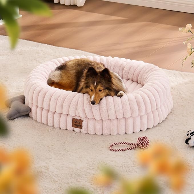 Dog Bed Medium Sized Dog - Luxury Striped Faux Fur Waterproof Pet Couch with Removable Washable Cover, Orthopedic Pet Bed with Bolster Sides for Sleeping, Pink