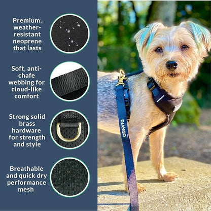 DJANGO Adventure Dog Harness - Stylish and Comfortable Medium Dog Harness for Outdoor Adventures and Everyday Wear - Black Neoprene Adjustable Harness for Dogs with Reflective Piping and Brass D-Ring
