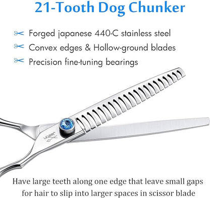 JASON 7 Inch 21-Teeth Chunkers Shears for Dogs, Ergonomic Cats Grooming Texturizing Blending Thinning Shears Pets Trimming Kit with Offset Handle, Sharp, Comfortable Shear Christmas Gift