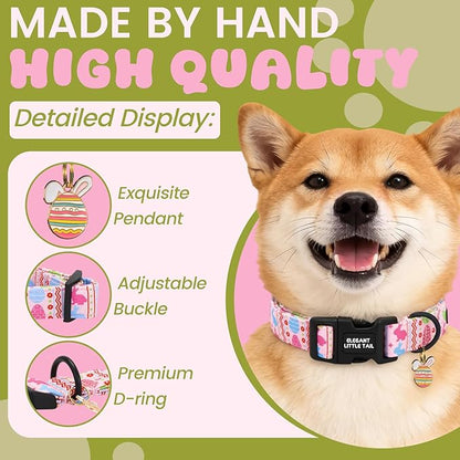 Elegant little tail Easter Dog Collar,Pink Bunny Print Spring Pet Collars Dog Cotton Soft Sturdy Puppy Collars Female or Male Adjustable Collar for Small Medium Large Dogs