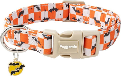 Faygarsle Halloween Dog Collar with Charm, Orange and White Checkered with Bats Pattern,for Small Medium Large Dogs XS