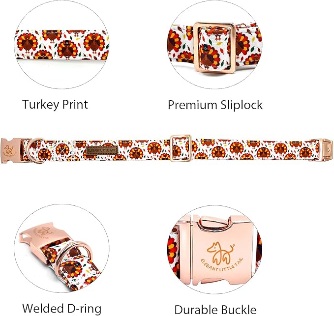 Elegant little tail Thanksgiving Dog Collar, Turkey Print Pet Collar Dog Durable Cute Dog Collars Winter Holiday Male or Female Pet Gift Adjustable Dog Collar for Small Puppy