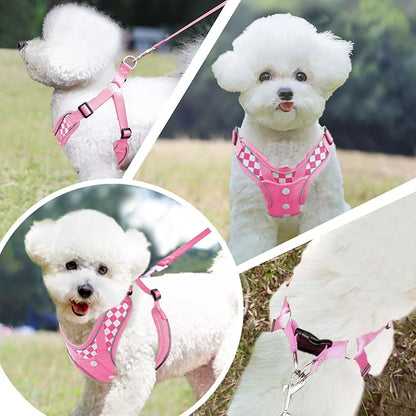 Denim French Bulldog Harness with Leash Set, with Breathable Padded Puppy Harness for Small Dogs Training and Walking (XS Pink)