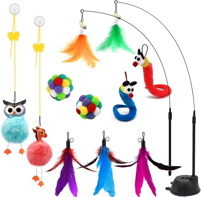 OODOSI 4-in-1 Interactive Cat Toys Set with Suction Cup Wand, Hanging Cat Toys, Fishing Pole Cat Wand & Kitten Balls- Includes Variety Replaceable Worms, Feathers for Indoor Bored Cats for Exercise