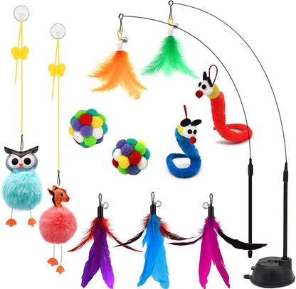 OODOSI 4-in-1 Interactive Cat Toys Set with Suction Cup Wand, Hanging Cat Toys, Fishing Pole Cat Wand & Kitten Balls- Includes Variety Replaceable Worms, Feathers for Indoor Bored Cats for Exercise