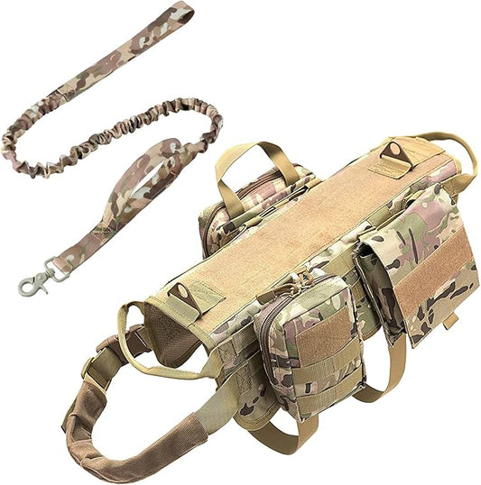 AIWAI Tactical Dog Harness with Pouches,Dog Vest Harness for Large Medium Dogs No-Pull Adjustable Military Dog Harness with Handle Walking Hiking Training (Camouflage(with Leash), L)