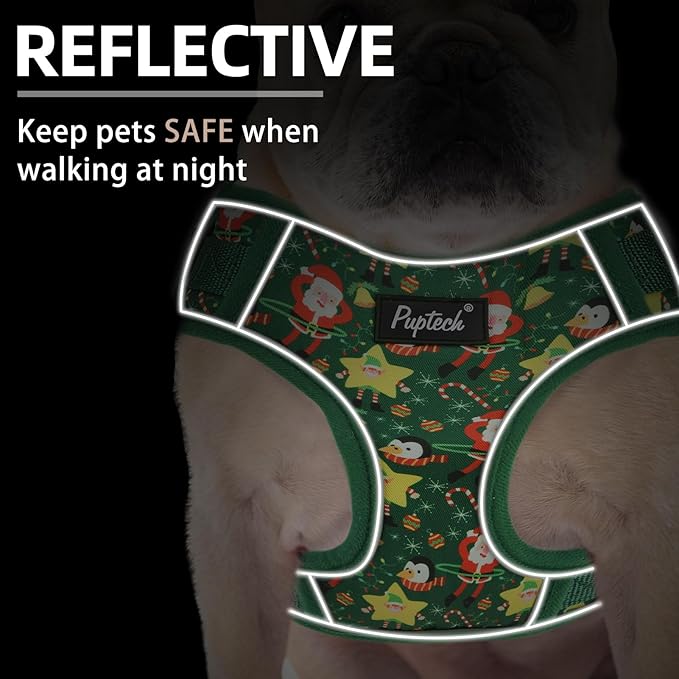 PUPTECK Christmas Small Dog Harness and Leash Set, No Pull Adjustable Puppy Cat Harness, Reflective Soft Mesh Pet Vest Small Sized, Santa Claus, M