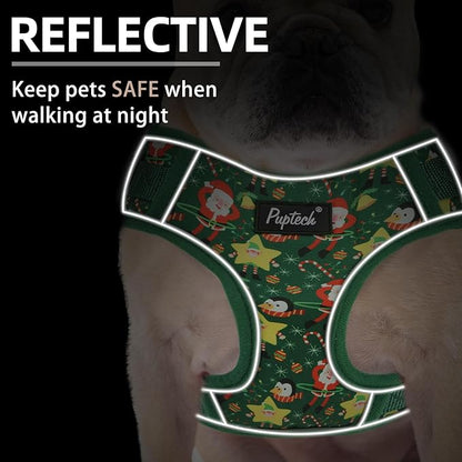 PUPTECK Christmas Small Dog Harness and Leash Set, No Pull Adjustable Puppy Cat Harness, Reflective Soft Mesh Pet Vest Small Sized, Santa Claus, M