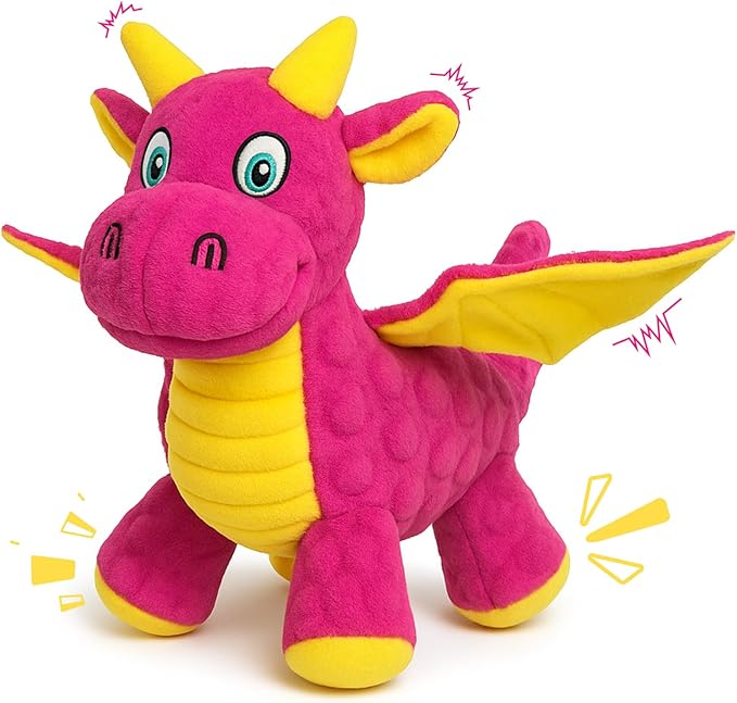 BBeary Squeaky Dog Toys - Soft Plush Dragon Dog Toy with 5 Squeakers & Crinkle Paper, Dog Toys for Small, Medium and Large Dogs (Pink,10")