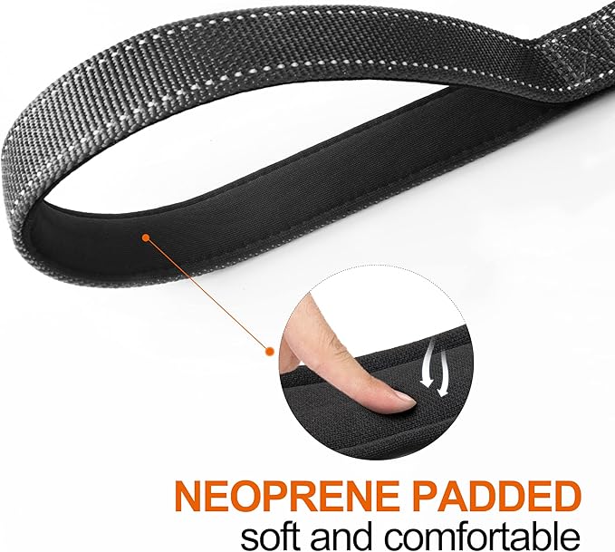 TwoEar 5FT 1IN Strong Black Dog Leash with 2 Padded Handles, Traffic Handle Extra Control, Comfortable Soft Dual Handle, Auto Lock Hook, Reflective Walking Lead for Small Medium and Large Dogs