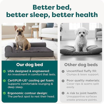 FurHaven Cooling Gel Dog Bed for Medium Dogs, L-Shaped Chaise with Cool Gel-Top Foam with a Solid Orthopedic Foam Base for Joint Support, Washable Cover, Medium, Plush & Velvet, Deep Sapphire