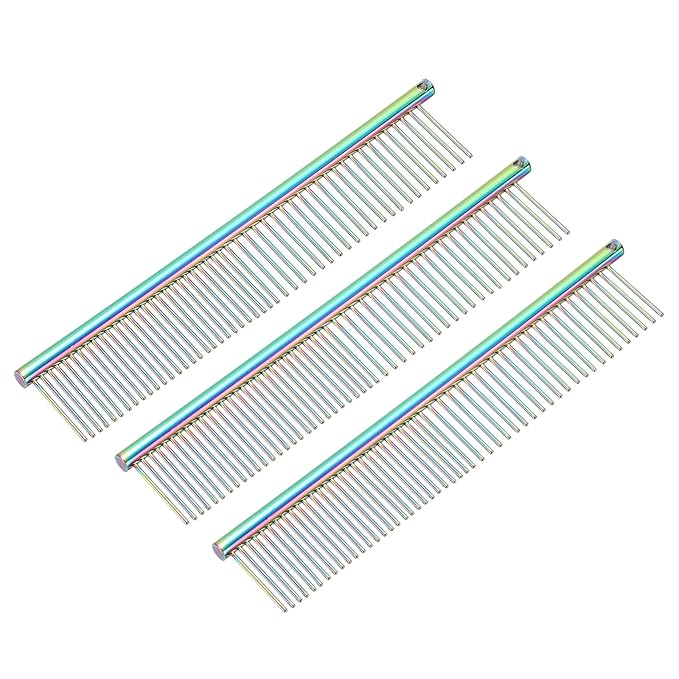 PETAXCELL Dog Cat Comb, Pet Combs Stainless Steel Teeth with Rounded Ends for Knots Mats Loose Hair Removal, 6.5IN (Colorful Plated, 3 Pack), Grooming Tool Intended for Long Curly Hair Pet