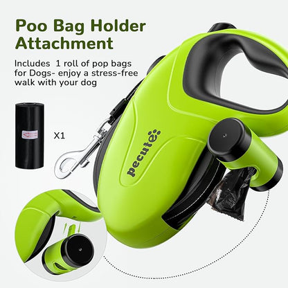 Pecute 32ft Retractable Dog Leash with Reflective Strips, 360° Tangle-Free, One-Button Control & Sturdiness Nylon Material, Long Leash Retractable with Poop Bag Holder for Medium Large Dog