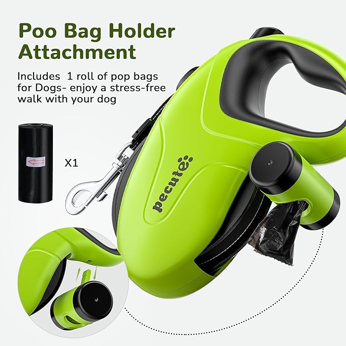 Pecute 32ft Retractable Dog Leash with Poo Bag Holder, Chew Proof Dog Leash with 360° Tangle-Free Extended, Anti-Slip Handle & Quick Brake Button, Suitable for Dogs Up to 110lbs in Weight