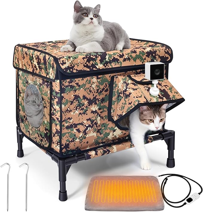 Heated Outdoor Cat House Weatherproof, Large Insulated Cat House for Indoor, Winter Stray/Feral Cat Shelter (Camouflage Cat House, Small-17×13"×12")