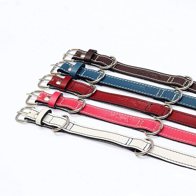 Premium Leather Collars with Stainless Steel Buckles (12"-15", Blue)