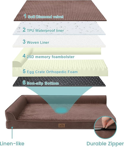 COZY KISS Orthopedic Dog Bed for Extra Large, XXL Dogs Bed, L Shaped Foam Anti-Slip Bottom Giant Pet Cat Sofa with Washable Cover, Suitable for Pet Up to 150 lbs, 48x32x7.5 inch, Brown