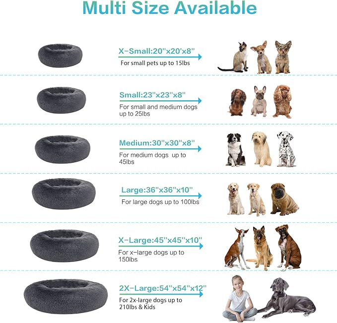 SAVFOX Plush Calming Donut Dog Beds for Small Dogs, Medium, Large & X-Large Breeds, Comfy Cuddler Dog Bed and Cat Bed in Faux Fur, Washable, Multiple Sizes S-XXL
