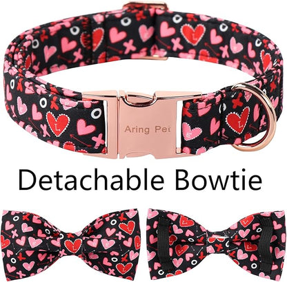 ARING PET Valentine's Day Bow Dog Collar, Black Red Heart Pet Collar with Bowtie for Small Medium Large Dogs-XS