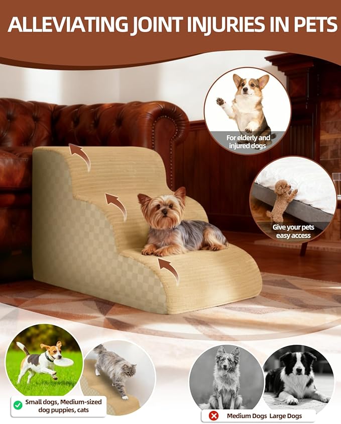 Dog Stairs Curved Ramp for Small Dogs 19.5" H, 4-Step Pet Stairs for Couch Bed with High Density Foam, Dog Slope Stairs with Durable Non-Slip Bottom Khaki