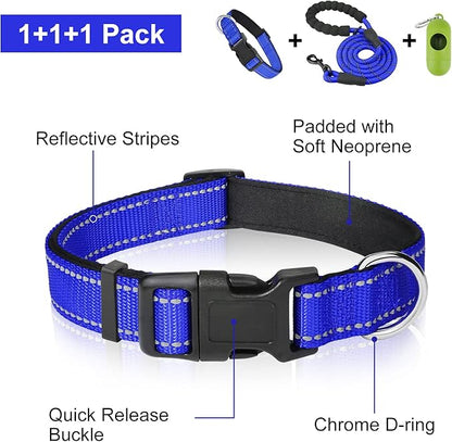 Dynmeow Reflective Dog Collar and Leash Set, 6FT Strong Climbing Rope Leash with Padded Handle, Adjustable Pet Collar with Soft Neoprene Padding for Puppy Small Dogs, Navy-Blue, Xs