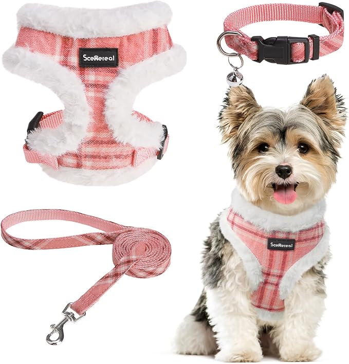 SCENEREAL Small Dog Harness Collar and Leash Set, Mesh Plush No Pull Puppy Vest Harness, Warm Fleece No Chock Step in Small Pet Halter for Outdoor Walking Training, Pink Plaid S