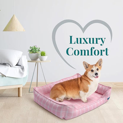 Pupstilo Orthopedic Bolster Dog Bed – CertiPUR-US Foam, Recycled Polyester Canvas, Washable Cover, Anti-Slip Bottom, Small, Pink Check – Stylish Designer Dog Sofa