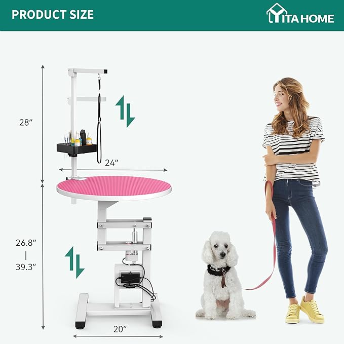 YITAHOME 24" Electric Lift Dog Grooming Table, Rotating Desktop Grooming Table for Dogs at Home, Adjustable Overhead Arm & Tools Organizer Pet Grooming Station for Small Dogs Cats, Pink