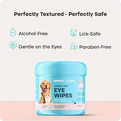 Uproot Clean Cat & Dog Eye Wipes: Hypoallergenic Eye Wipes for Dogs (100ct.) - Gentle & Cleansing Tear Stain Remover for Dogs - Reduce Discharge, Tear Stain Deep Clean Wrinkles Cats