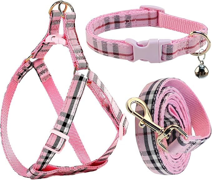 NISIYE Cute Plaid Dog Collar Harness and Leash with Safety Buckle - Adjustable and No Pull Comfortable Dog Collars for Small Puppy, Stylish Durable Gift for Boy Girl Pets