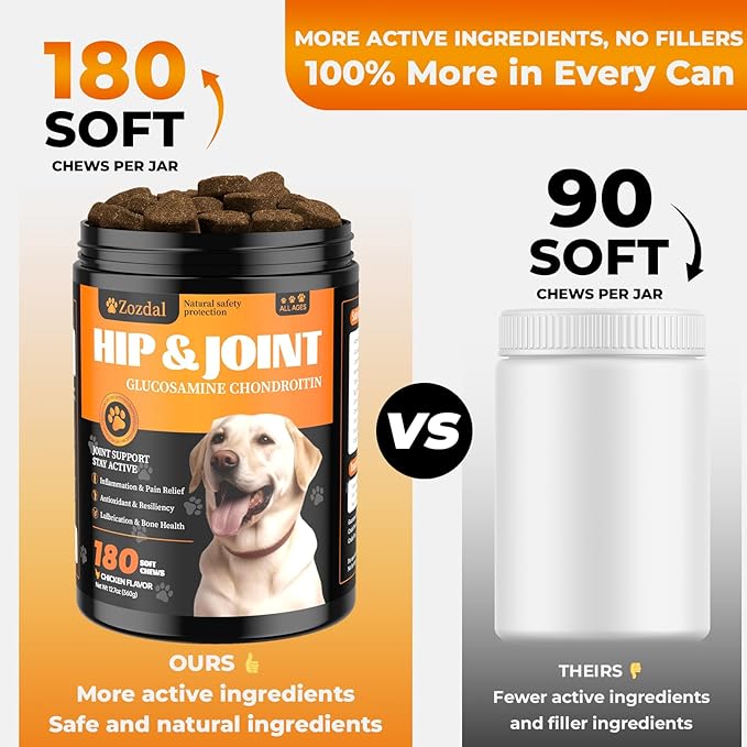 Joint Supplement for Dogs, 180 Chicken Flavor Chews, Glucosamine Chondroitin with MSM, Turmeric & Green Lipped Mussel, for Large Breed & Senior Dogs, Hip & Joint Pain Relief and Health Support