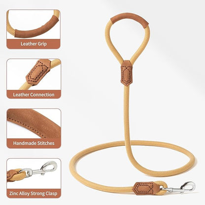 Mile High Life | Premium Leather Handle Dog Leash | Strong Rope Leash | Zinc Alloy Strong Clasp | Small Medium Large Dogs | 4/5/6 Feet(Yellow, 72 Inch (Pack of 1))