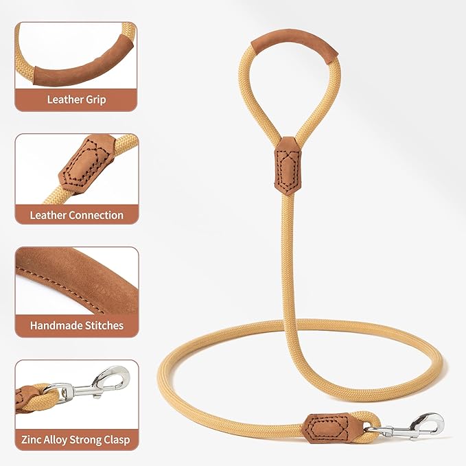 Mile High Life | Premium Leather Handle Dog Leash | Strong Rope Leash | Zinc Alloy Strong Clasp | Small Medium Large Dogs | 4/5/6 Feet(Yellow, 60 Inch (Pack of 1))