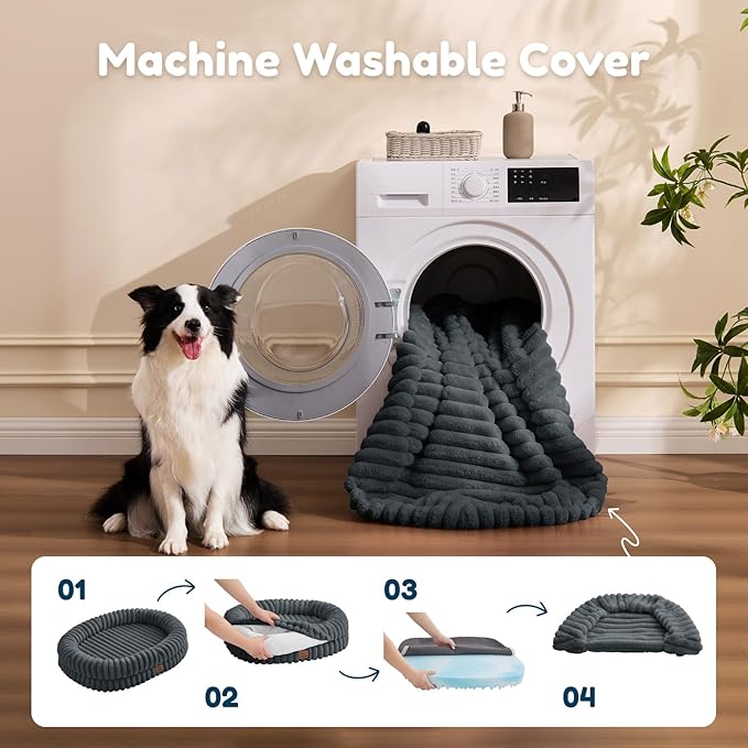 ChiXnuggle Dog Bed Large Sized Dog - Luxury Striped Faux Fur Waterproof Pet Couch with Removable Washable Cover, Orthopedic Pet Bed with Bolster Sides for Sleeping, Dark Grey