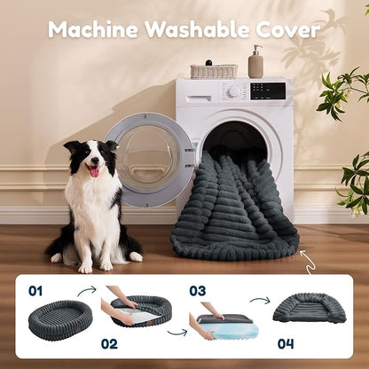 ChiXnuggle Dog Bed Large Sized Dog - Luxury Striped Faux Fur Waterproof Pet Couch with Removable Washable Cover, Orthopedic Pet Bed with Bolster Sides for Sleeping, Dark Grey