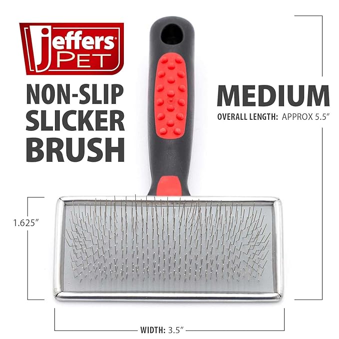 Jeffers Non Slip Slicker Pet Grooming Brush – Soft Pins, Red & Black Handle, Detangling Grooming Tool for Dogs & Cats with Short, Long, Thick & Curly Coats – Easy Grip Pet Comb - Medium Size