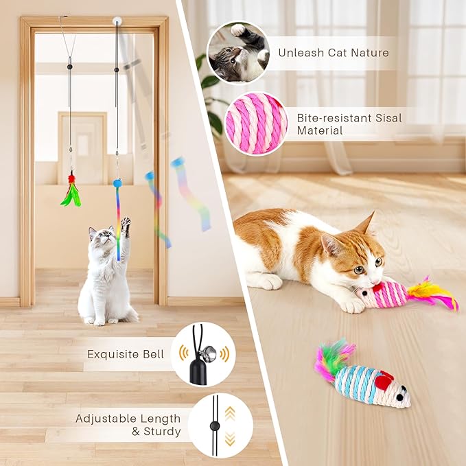 HONGDDY Cat Toys for Indoor Cats, 14Pcs 4 in 1 Cat Interactive Toys, Hanging Door Kitten Wand with Suction Cup Removable Feathers Balls Mice Butterfly Streamers