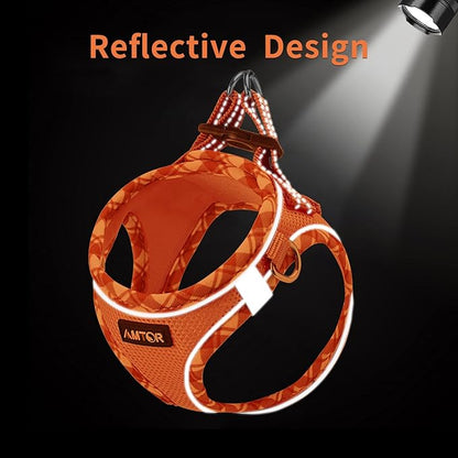 AMTOR Small Dog Harness with Leash Set, No Escape Easy Walk Puppy Harnesses for Training Walking, Step-in Reflective Soft Dogs Vest for XS S Medium Extra-Small Large Sized Dog(S Size,Orange/White)