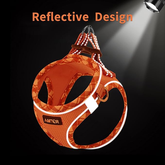 AMTOR Small Dog Harness with Leash Set, No Escape Easy Walk Puppy Harnesses for Training Walking, Step-in Reflective Soft Dogs Vest for XS S Medium Extra-Small Large Sized Dog(L Size,Orange/White)